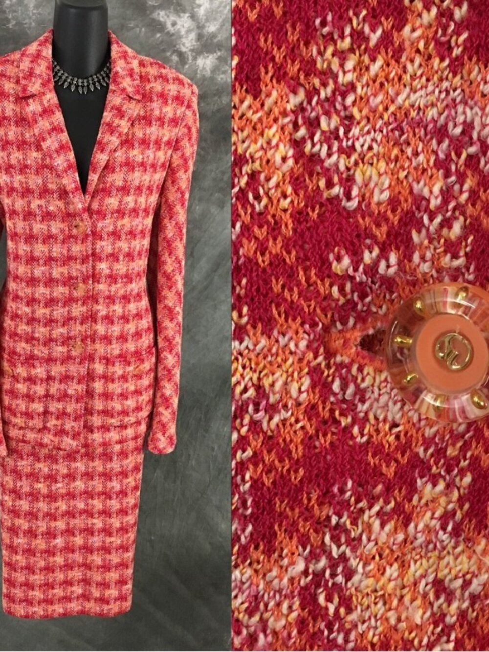 BEAUTIFUL St John collection knit pink multi jacket skirt suit 10 12